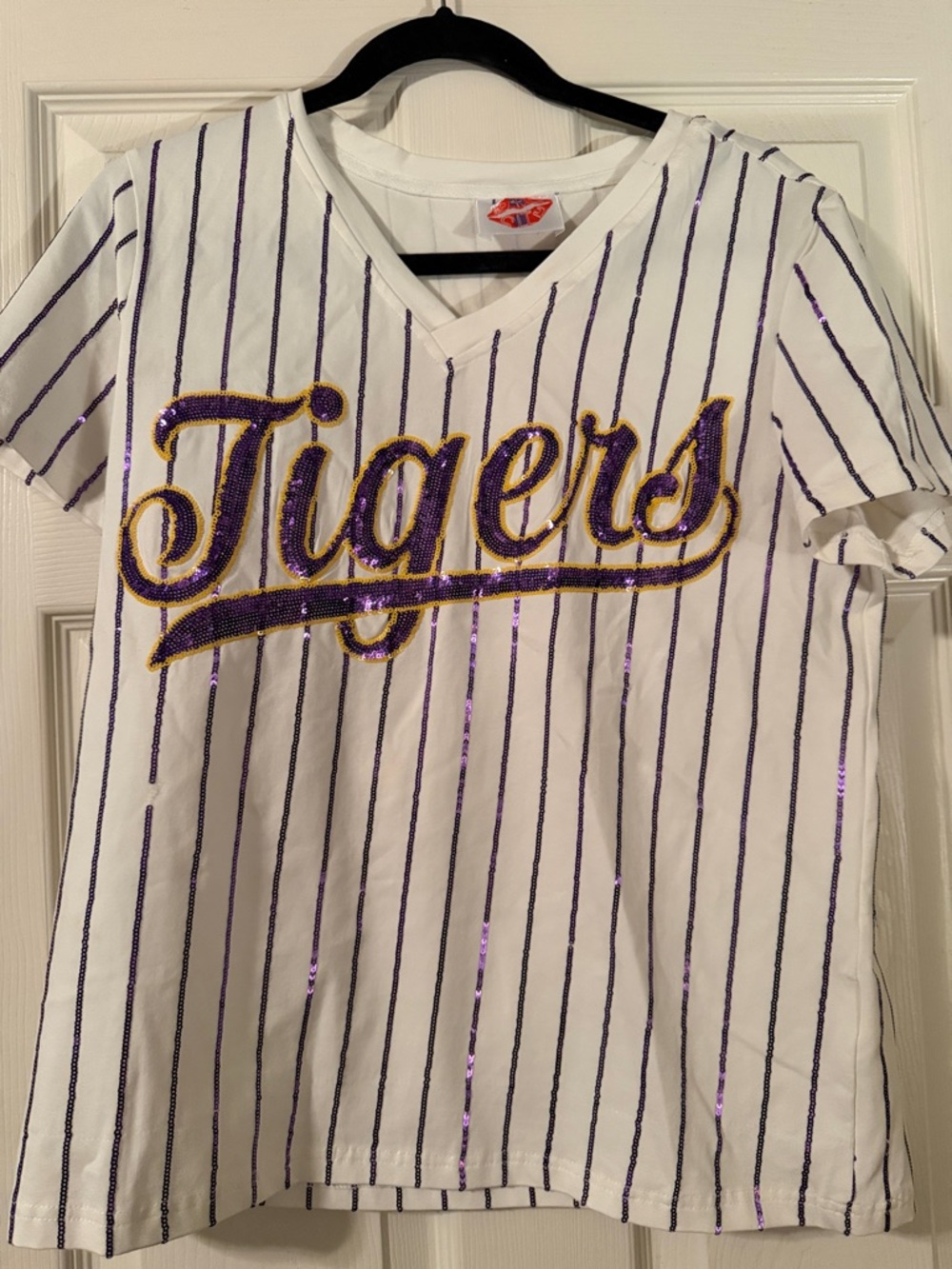 Tigers Sequin Stripe V-Neck Kids Top - White & Purple